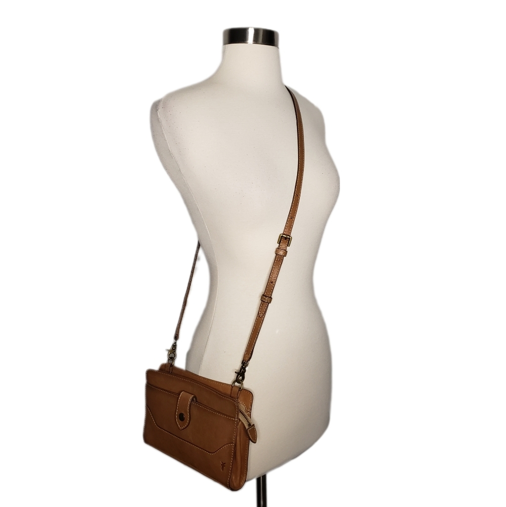 Frye Genuine Leather Cognac Brown Slim Convertible Crossbody Bag / Clutch